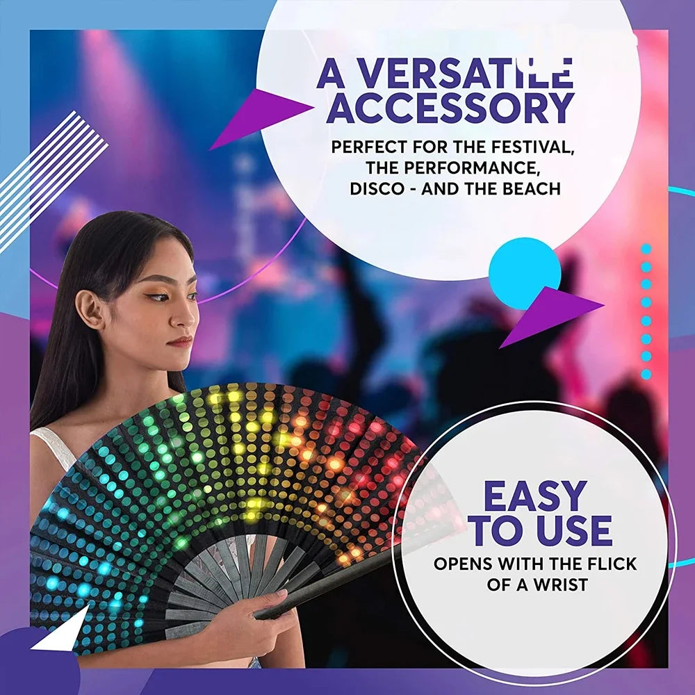 A woman holds an open folding bamboo hand fan, showcasing its versatile accessory design.