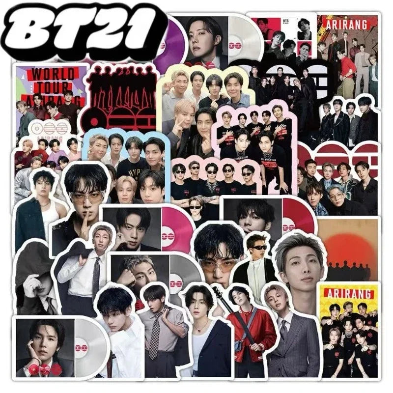 A collection of 51 pieces of BT21 graffiti waterproof stickers featuring the members of the group in various poses.