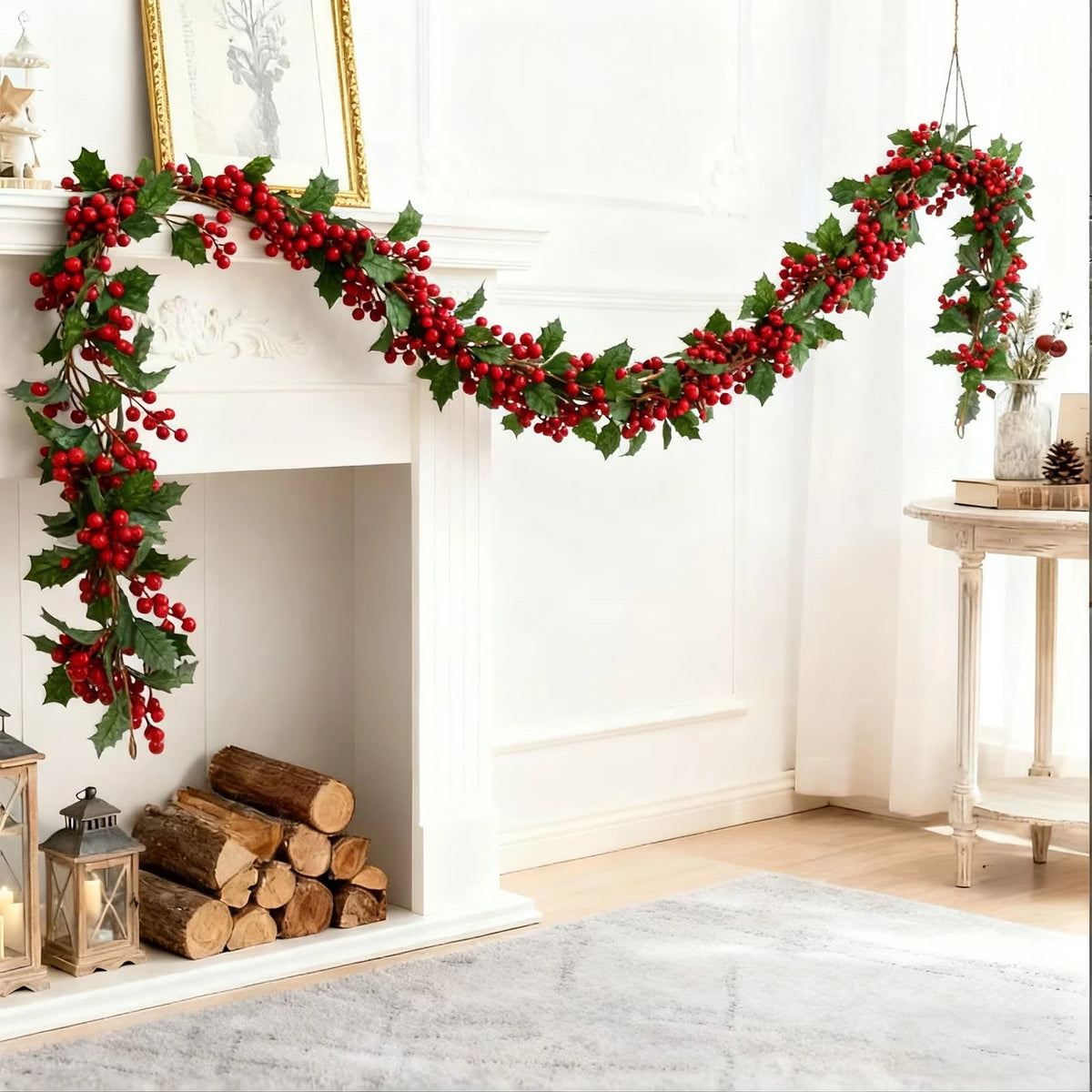 An artificial red berry holly Christmas garland draped across a white fireplace mantel.