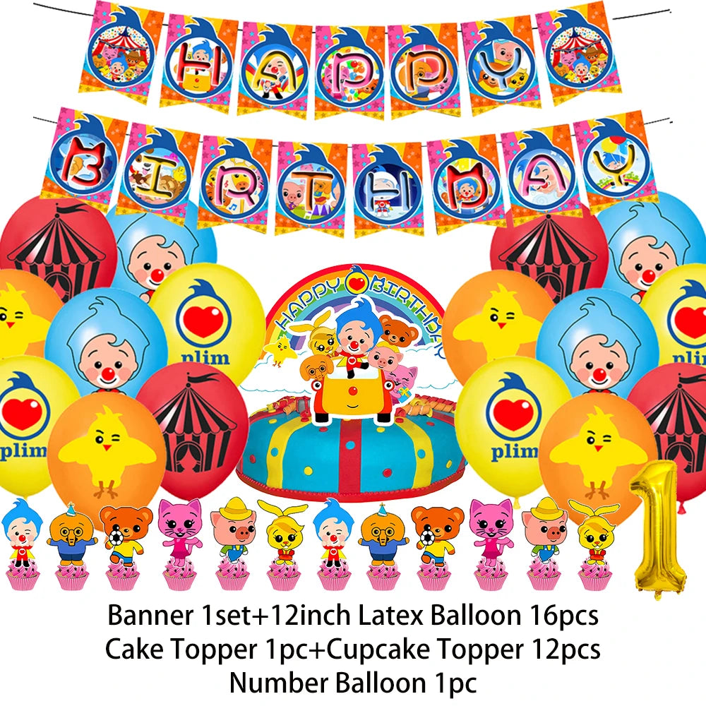 Banner set with 12 inch latex balloons, cake toppers, and number balloons for a cartoon animal party decoration set