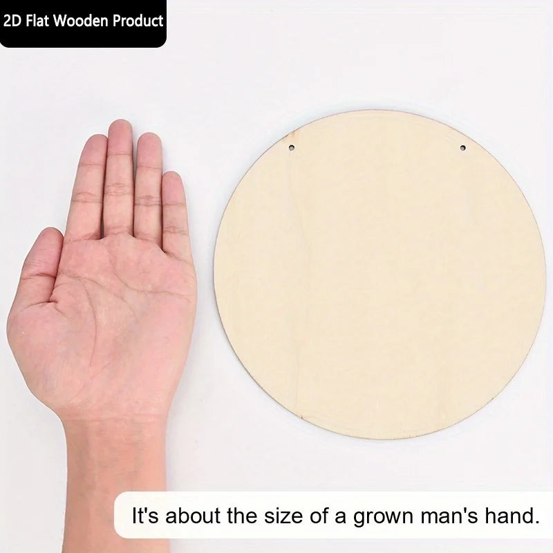 A hand is shown next to a round wooden plaque the size of a grown man's hand