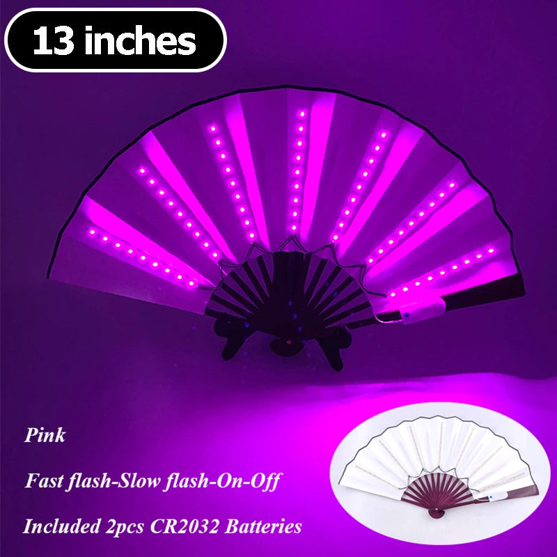 A purple multi-mode LED party fan with a 13-inch spread, featuring pink light and included batteries.