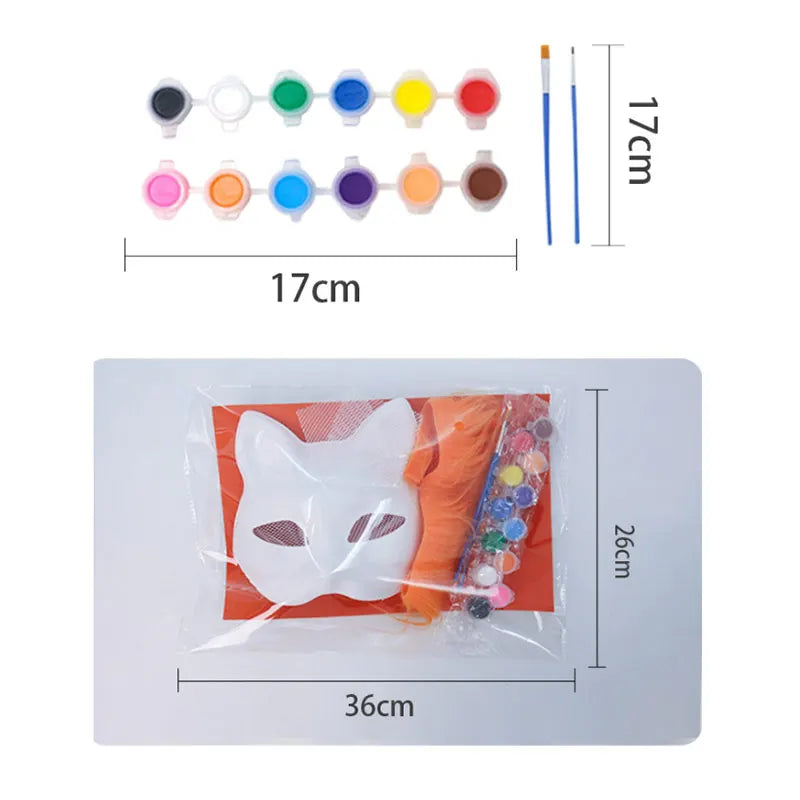A kit containing various colored paints and a white mask template for DIY party craft