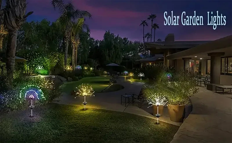 Solar garden lights illuminating a garden landscape at night with glowing fireworks effects.