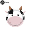 A cute cartoon cow face with black and white markings and brown stripes, suitable for a farm-themed party.