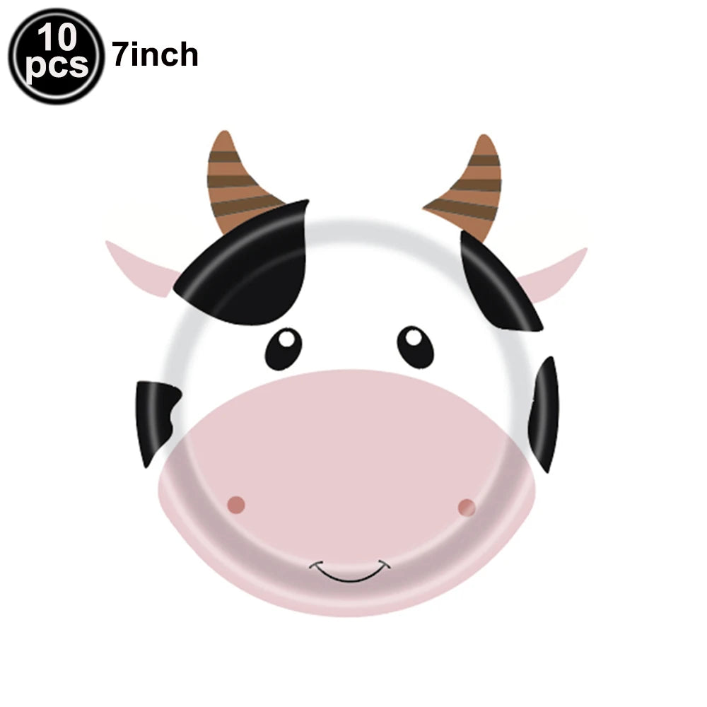 A cute cartoon cow face with black and white markings and brown stripes, suitable for a farm-themed party.