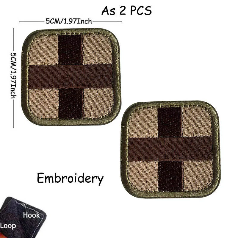 Two embroidered tactical morale patches featuring a brown and tan checkered design with a hook and loop back