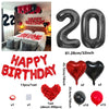 A set of red and black birthday balloons including a 20-inch number balloon, heart balloons, and solid colored balloons.