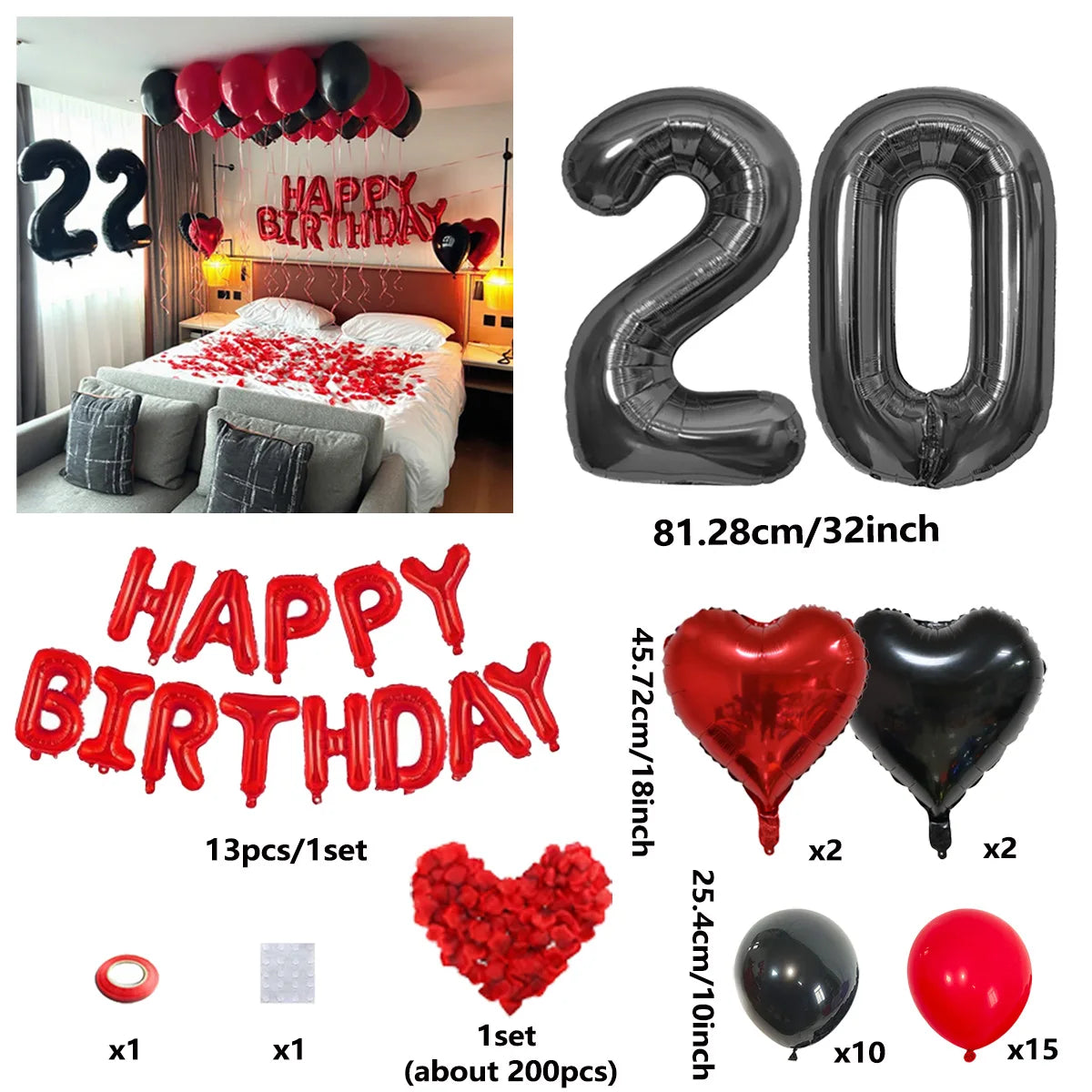 A set of red and black birthday balloons including a 20-inch number balloon, heart balloons, and solid colored balloons.