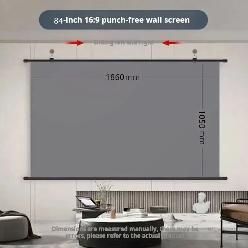 An 84-inch 16:9 punch-free wall screen is shown mounted on a wall, with dimensions marked.