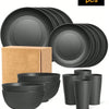 A set of 16 black reusable plastic tableware items including plates, bowls, and cups, packaged in a cardboard box.