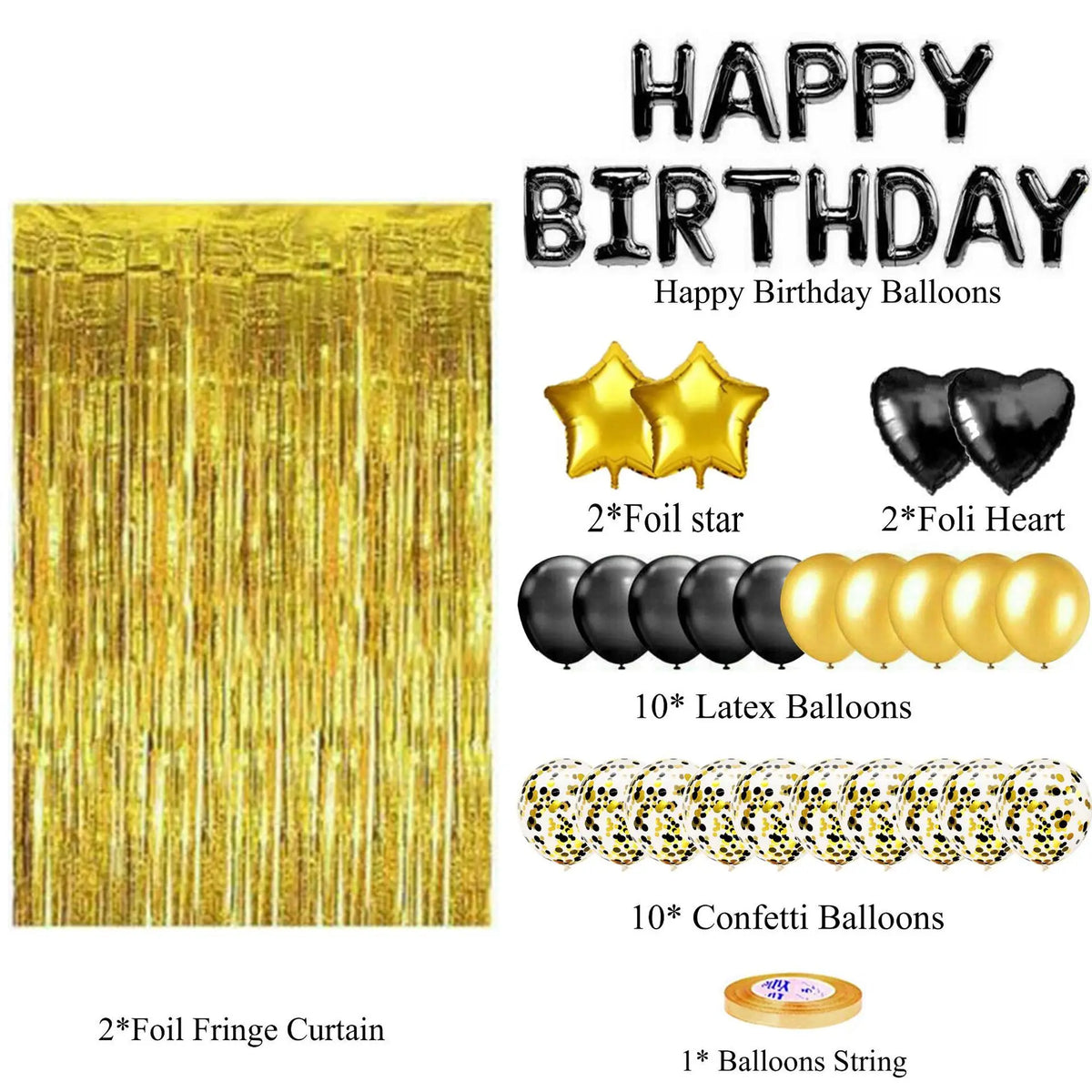 A set of happy birthday balloons including foil stars, hearts, latex balloons, confetti balloons, and a foil fringe curtain.