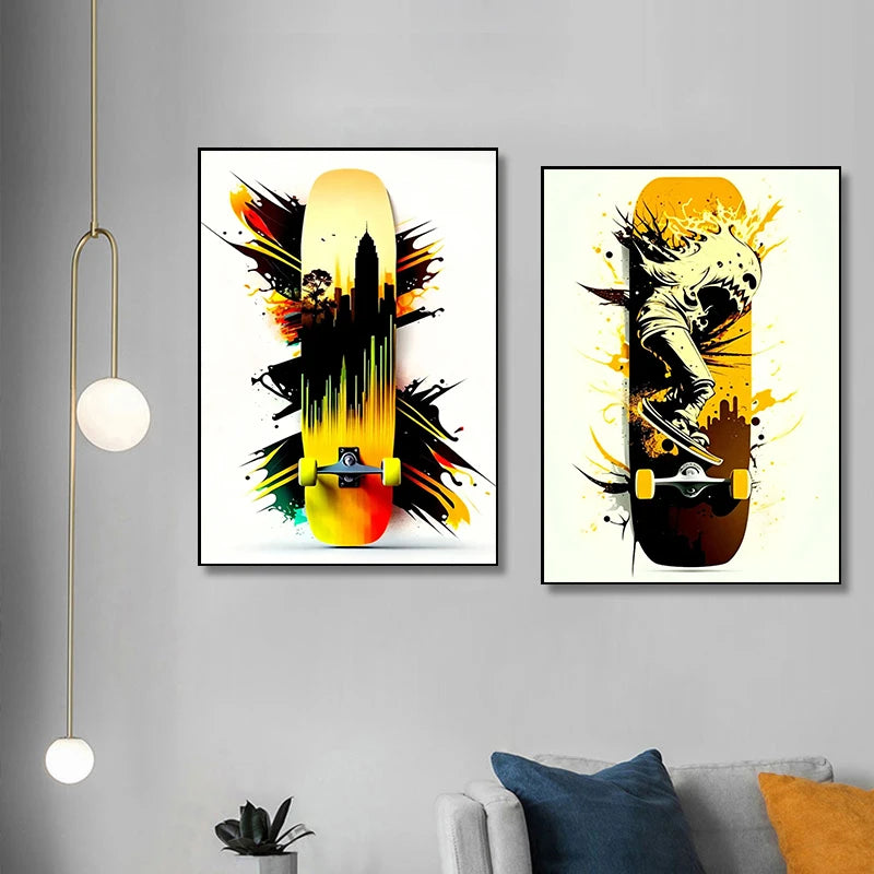 Two framed canvas prints featuring skateboard decks in vibrant yellow and orange against a white background