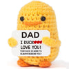 Handmade yellow knitted duck plush toy with an inspirational card that says I duck love you