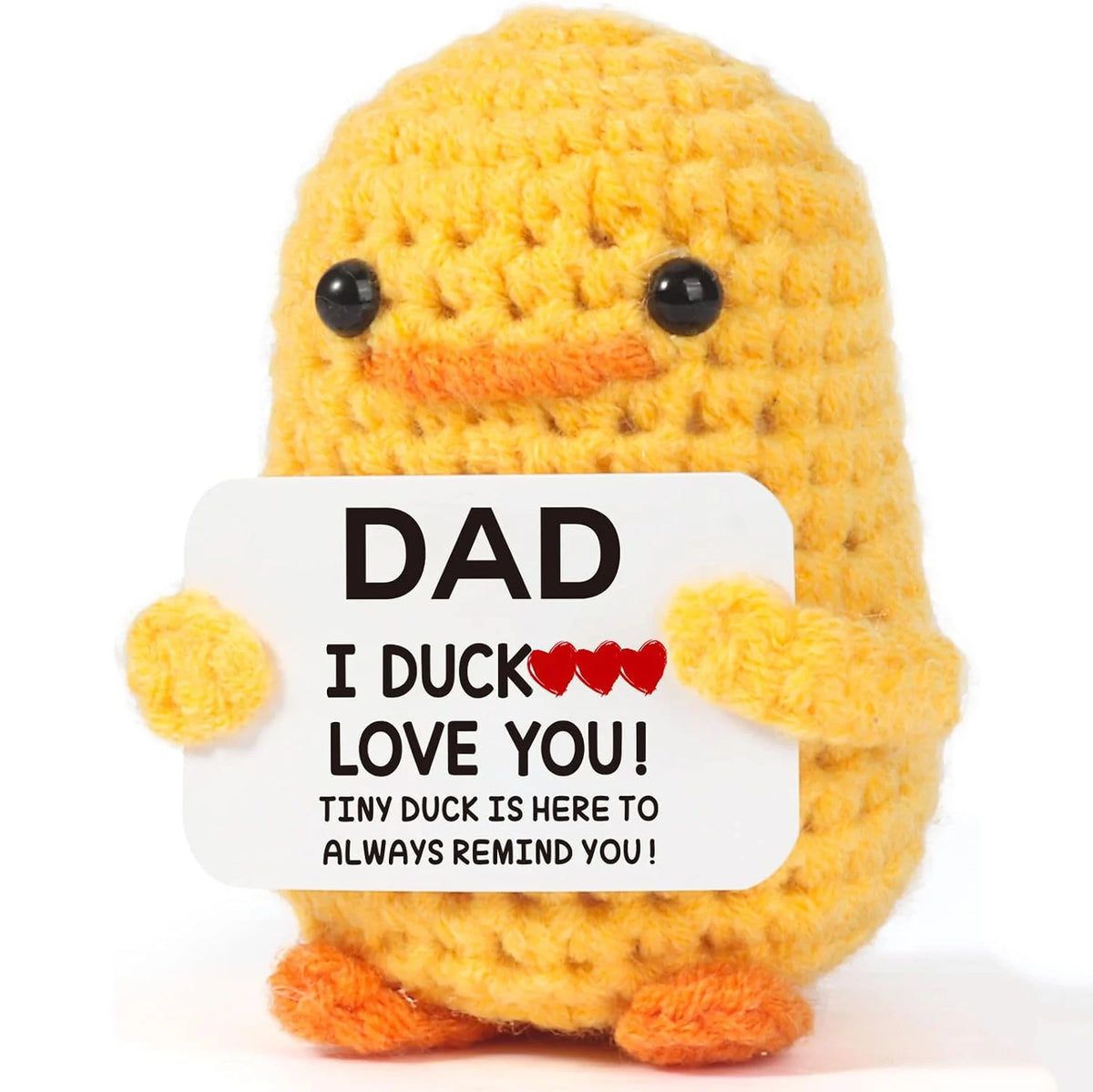 Handmade yellow knitted duck plush toy with an inspirational card that says I duck love you