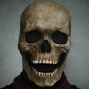 A realistic latex skull cosplay mask with a weathered, bone-like texture.