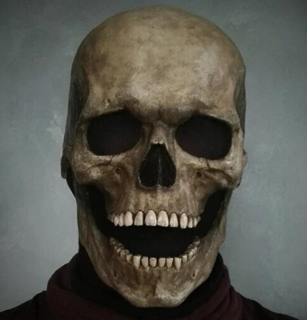 A realistic latex skull cosplay mask with a weathered, bone-like texture.