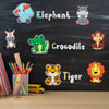 A chalkboard display featuring illustrations of an elephant, crocodile, tiger, and other cartoon animals.