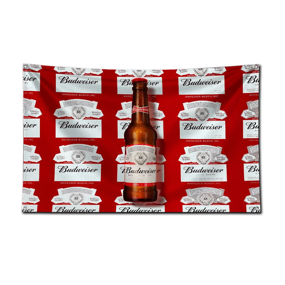 A red flag featuring repeated designs of Budweiser beer bottles and logos.