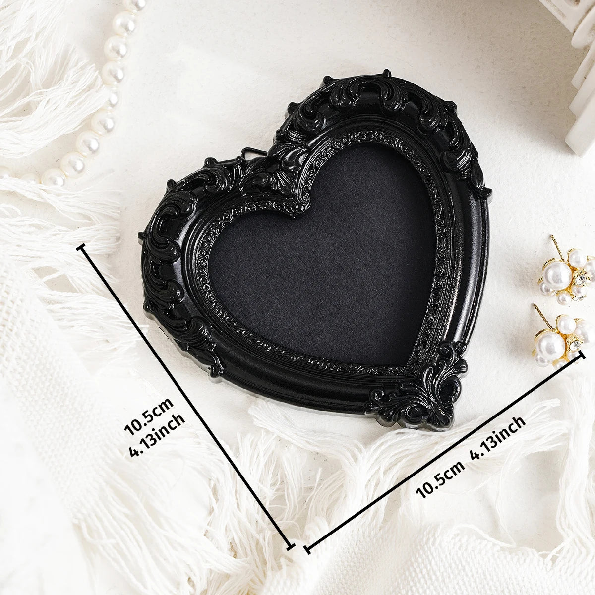 Black heart-shaped ornate frame wall decor pendant with white pearl accents