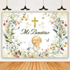 A watercolor floral backdrop featuring a baby and a gold cross for a First Communion theme.