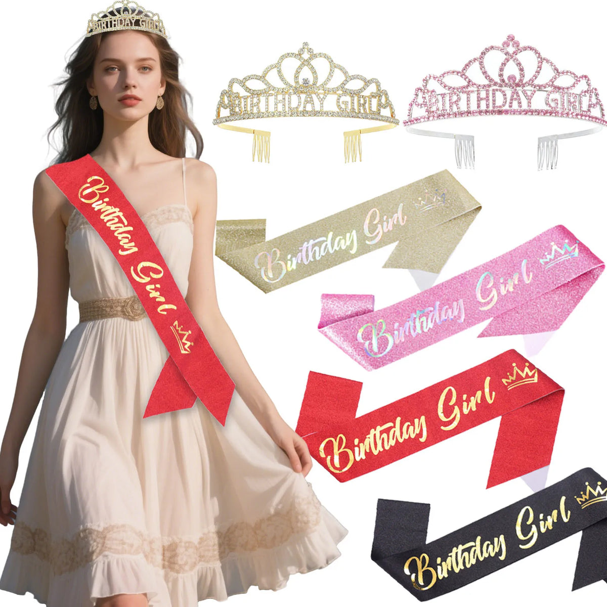 A woman wearing a cream dress is positioned next to various gold, pink, and red birthday crowns and sashes.