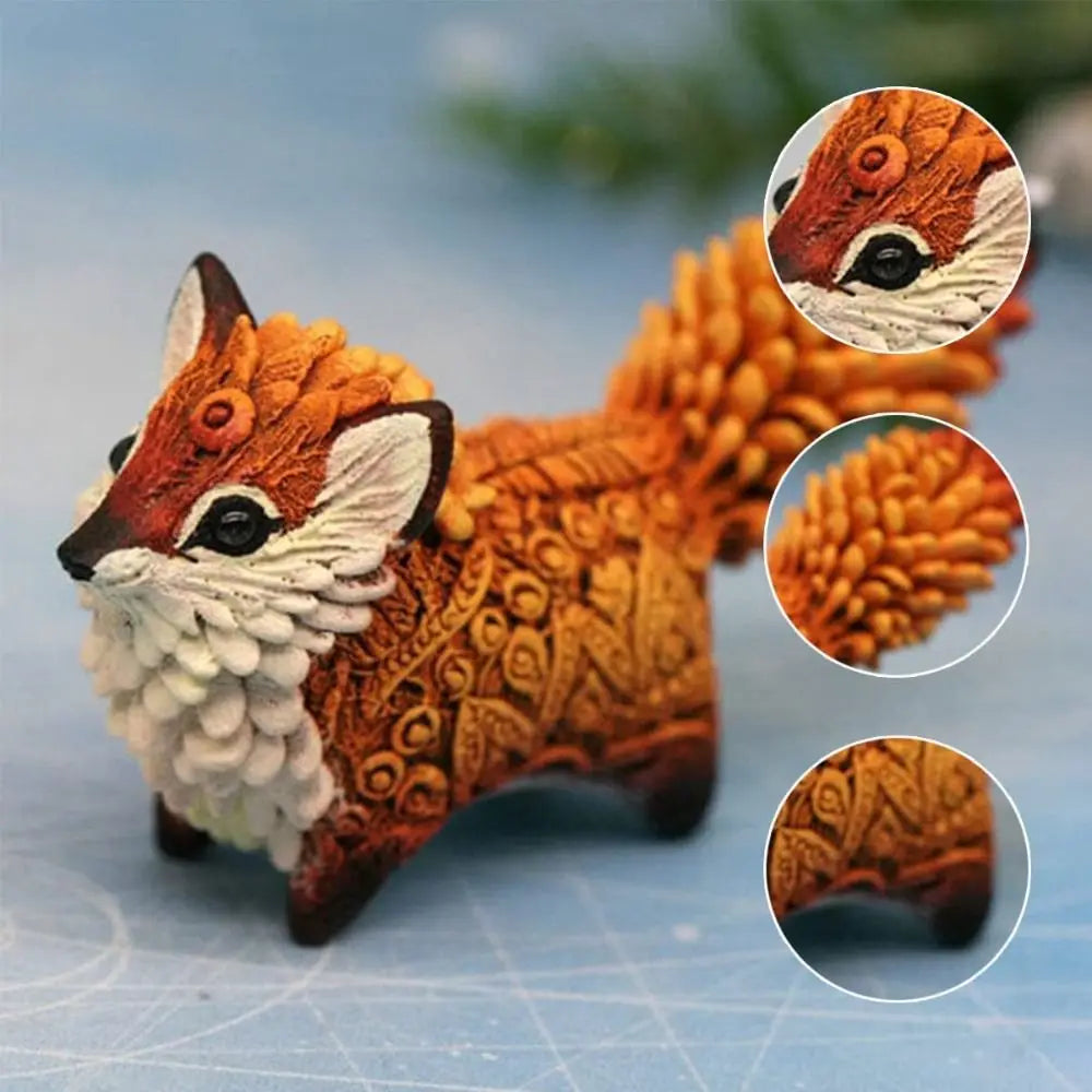 Hand-painted resin fox totem statue with detailed fur texture and white markings shown from multiple angles.