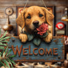 Un chiot doré avec des pétales de roses est présenté sur un panneau d'accueil en bois rustique.