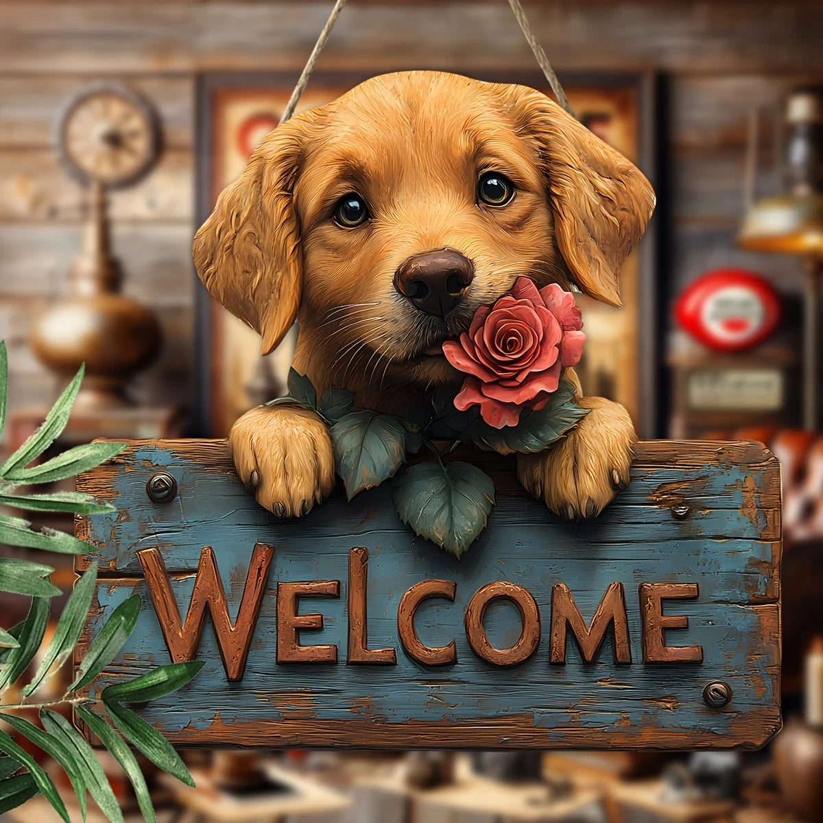 Un chiot doré avec des pétales de roses est présenté sur un panneau d'accueil en bois rustique.