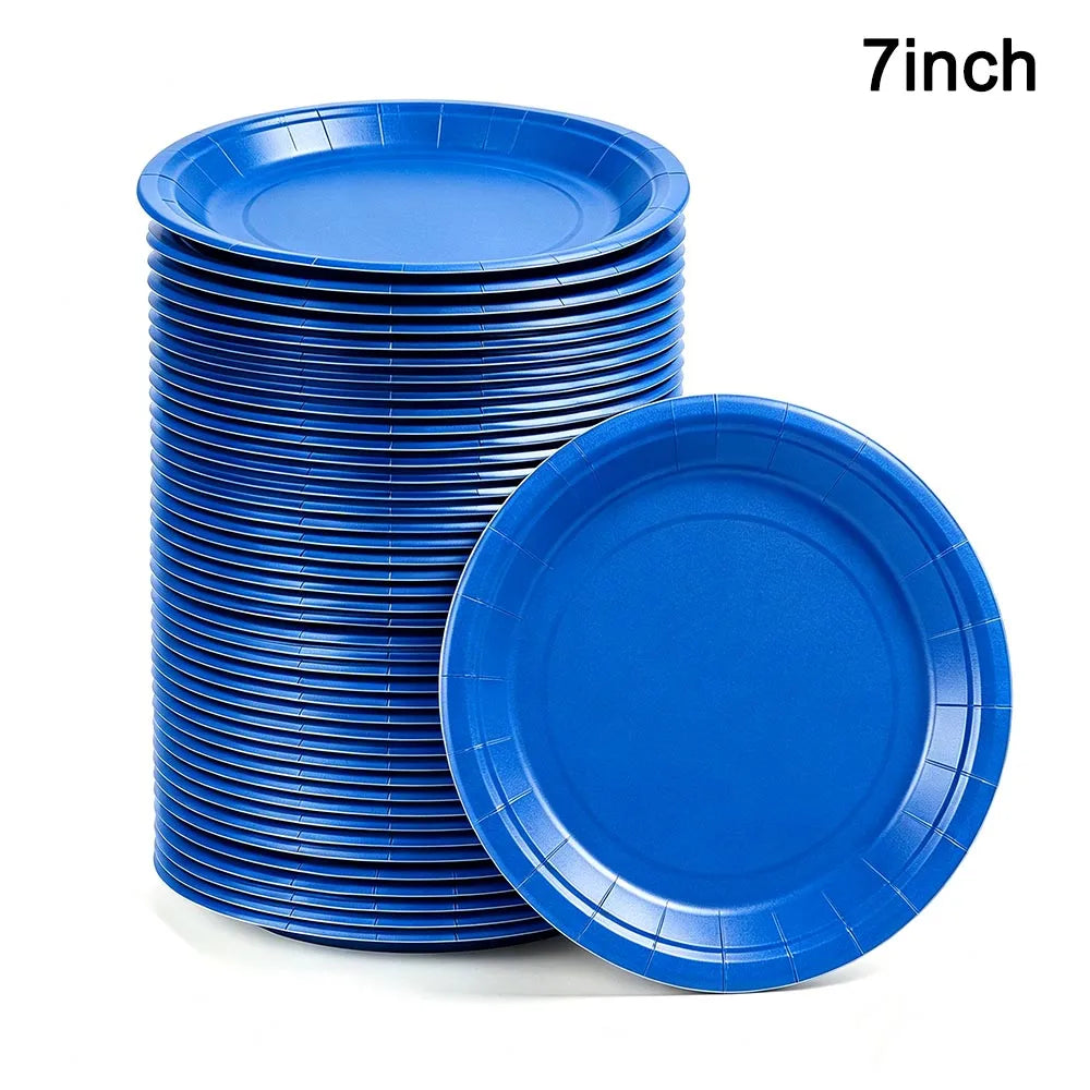 A stack of blue 7-inch disposable paper plates, including one plate lying separately.