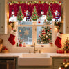 Festive Christmas curtain valance featuring a red fabric with green and red Christmas trees and snowmen.
