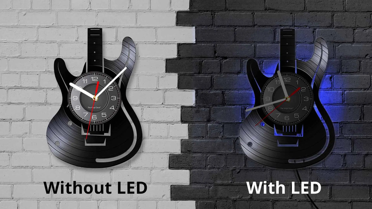 Comparison of a vintage vinyl record guitar wall clock without LED and with LED versions.