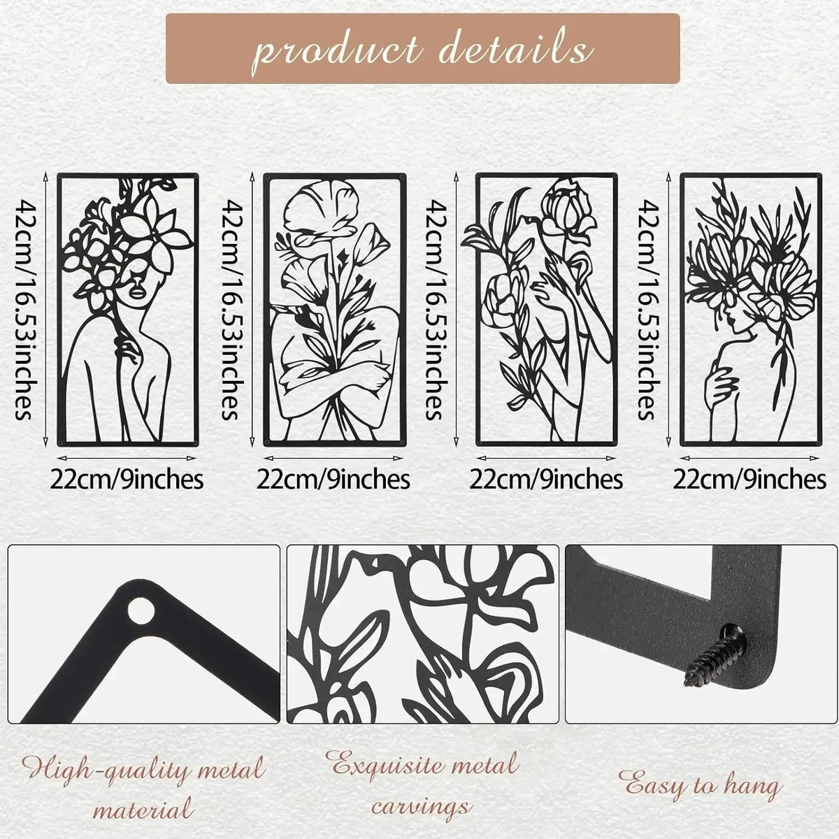 Set of four black metal line art prints depicting female profiles for wall decor