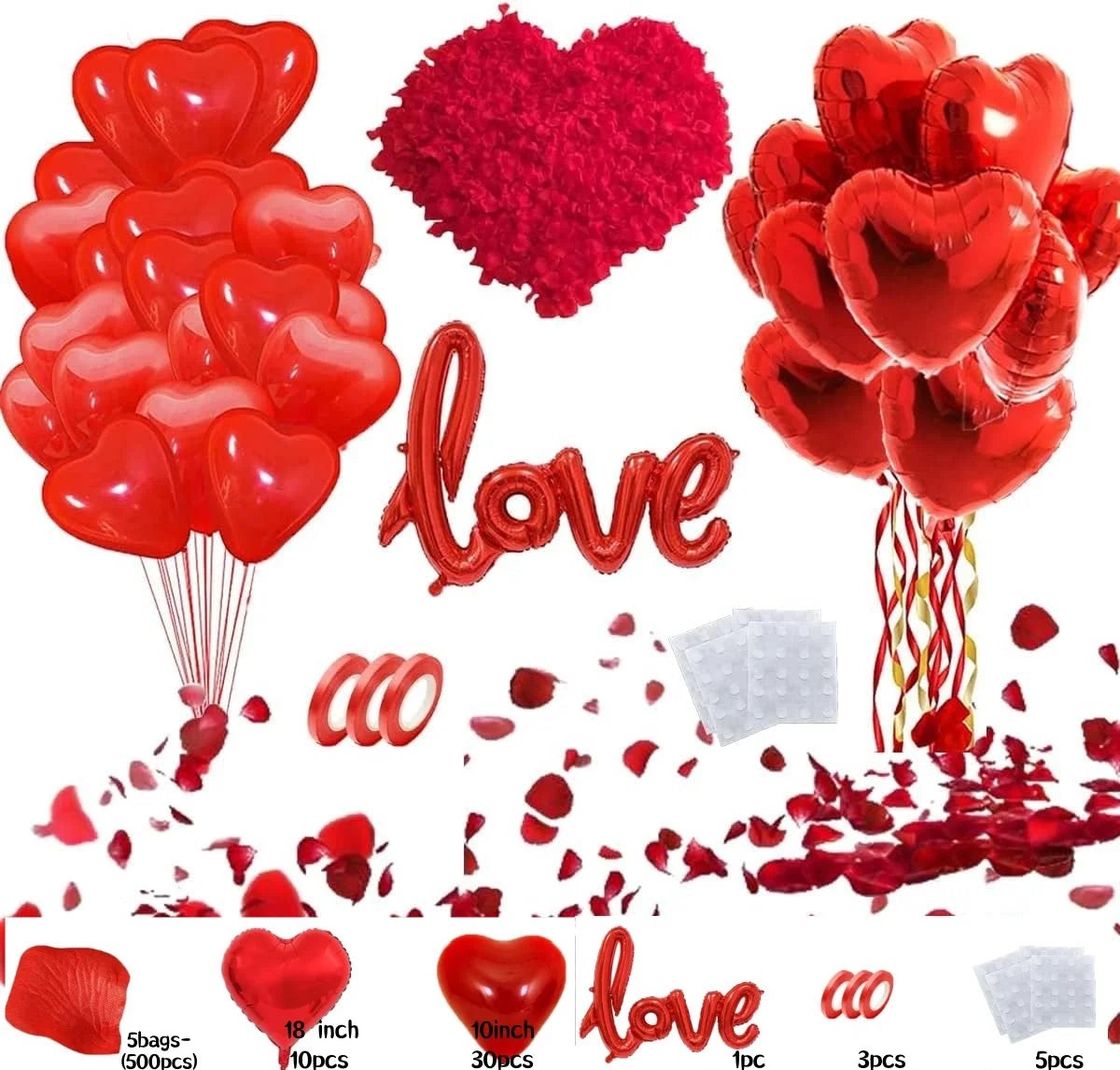 A set of red heart-shaped balloons and rose petals for romantic celebrations.