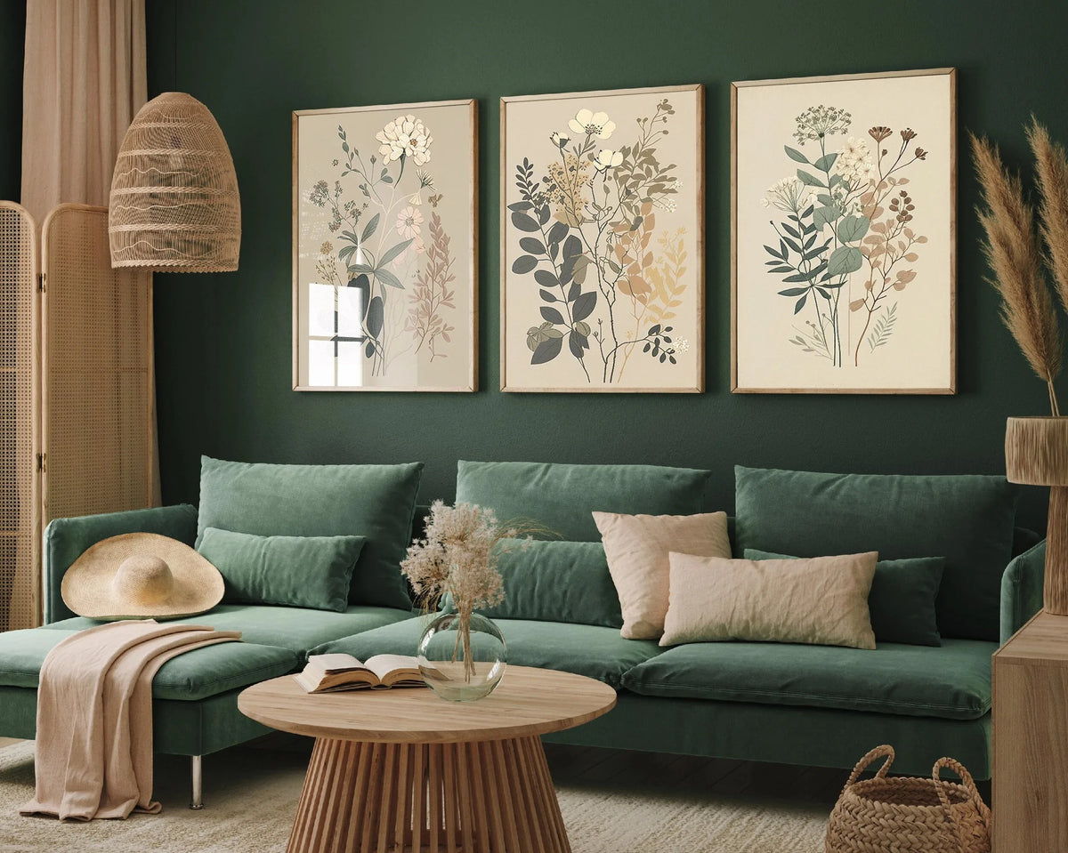 Three framed canvas prints featuring retro wildflower landscapes displayed on a dark green wall above a sofa.