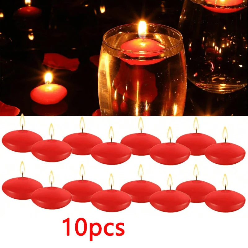 A set of ten red floating candles in glass holders used for romantic home décor.