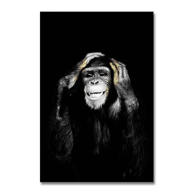 A black and white portrait of a monkey with expressive eyes and fur against a dark background.