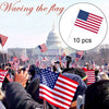 A close-up of a hand waving a small American flag against a blurred background of a crowd and the U.S. Capitol building.
