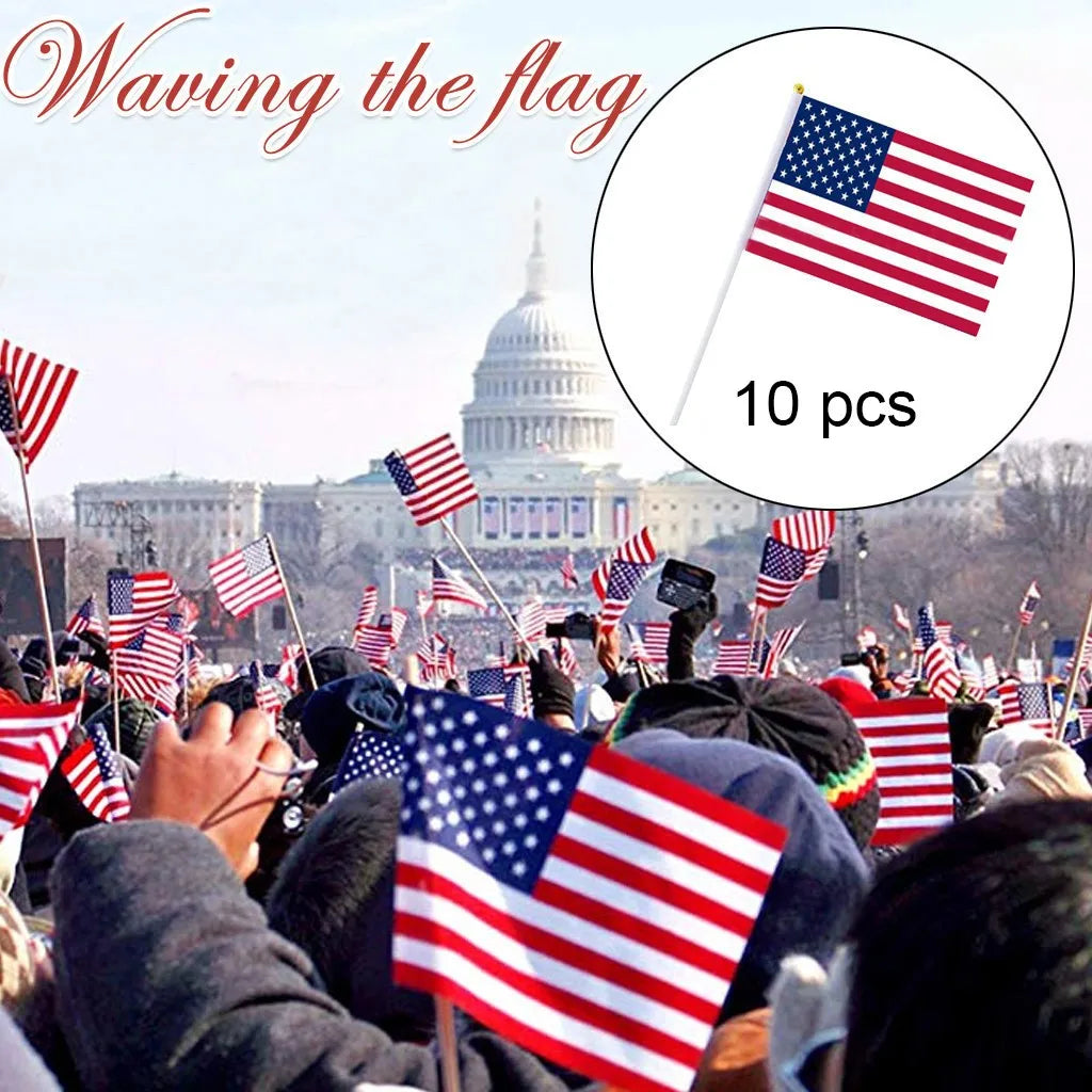 A close-up of a hand waving a small American flag against a blurred background of a crowd and the U.S. Capitol building.