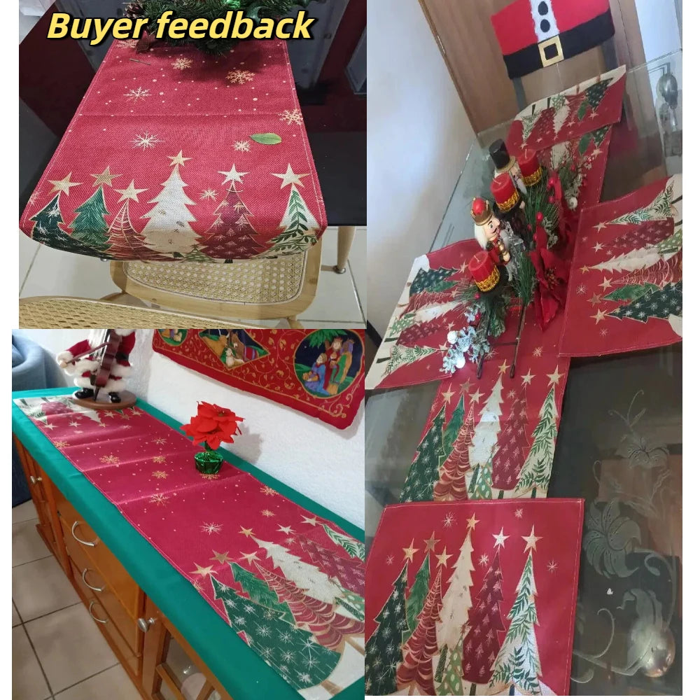 Un camino de mesa navideño festivo en patrones rojos y verdes, exhibido en un estante de vidrio.