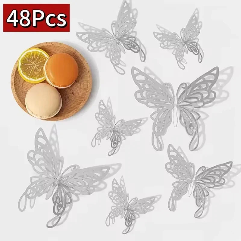 48 pieces of decorative 3D silver butterfly wall stickers for home decor