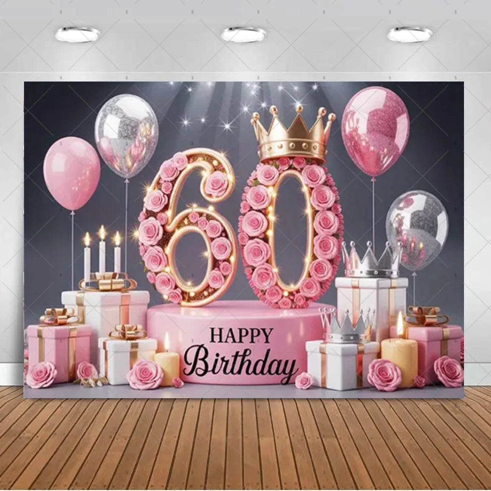 A pink and gold balloon backdrop for a 60th birthday photo booth featuring roses and a crown.