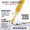 A close-up of a yellow acrylic paint pen showing its features like an opaque color, extra fine tip, and water-resistant ink.