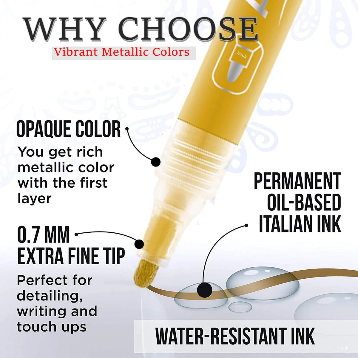 A close-up of a yellow acrylic paint pen showing its features like an opaque color, extra fine tip, and water-resistant ink.