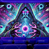 A mystical figure with a long beard and hood surrounded by vibrant purple and blue light patterns.