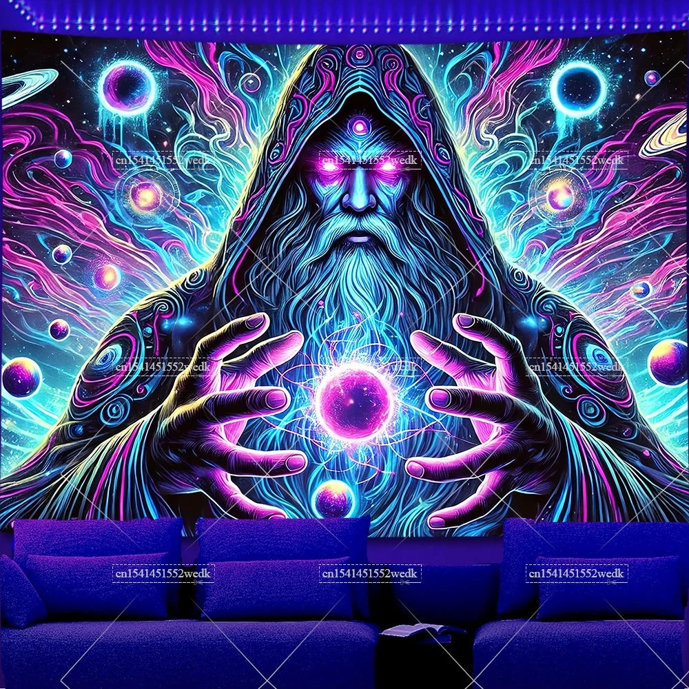 A mystical figure with a long beard and hood surrounded by vibrant purple and blue light patterns.