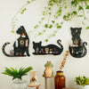 A black cat moon phase floating shelf displaying crystals and decor on a white wall.