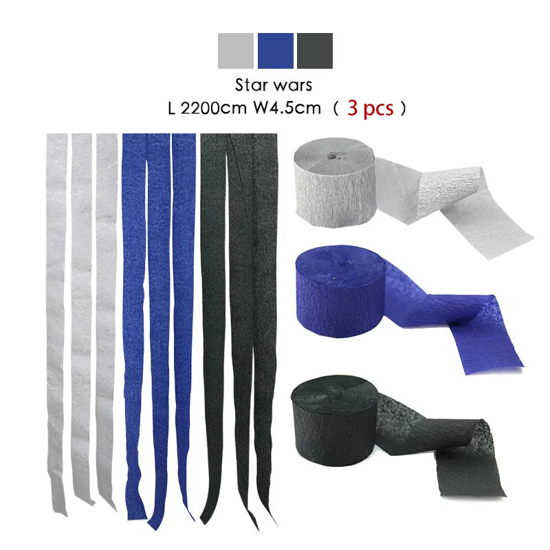 Set von drei schwarzen, blauen und grauen Crêpe-Papier-Girlanden für Star Wars-Dekorationen