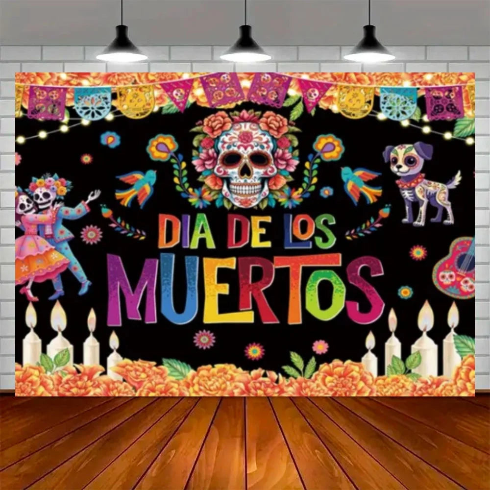 Day of the Dead Skeleton Carnival Backdrop for Halloween Party Decorations