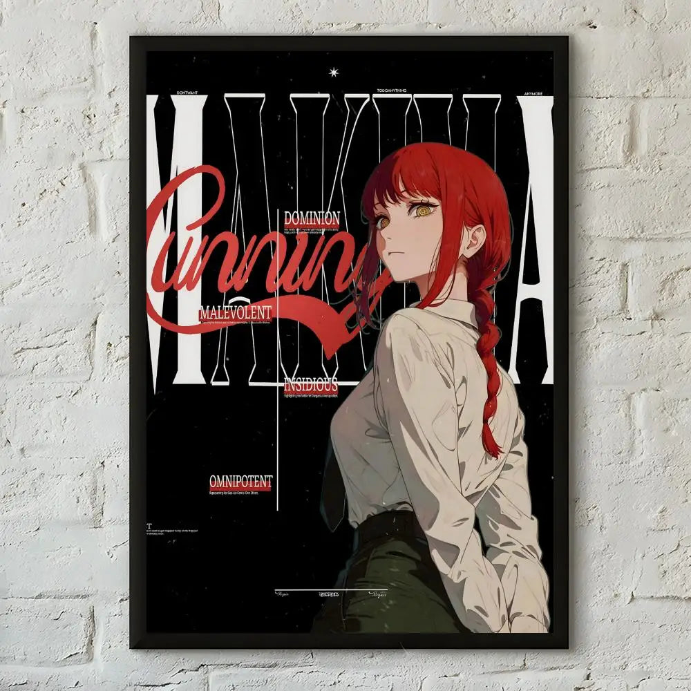 A poster featuring the character Makima from Chainsaw Man in a dramatic, dark style.